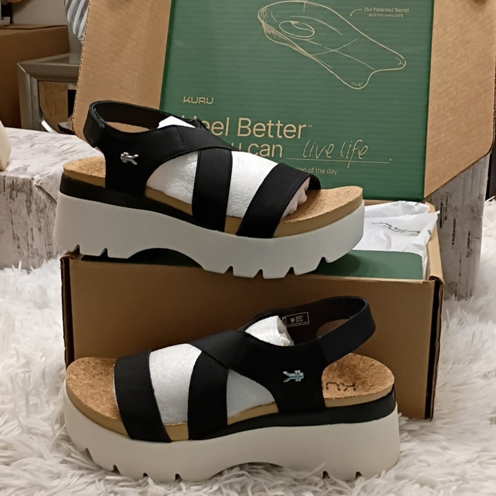 KURU Loma Women's Black Platform Sandals Leather Elastic Straps Plantar Fascitis